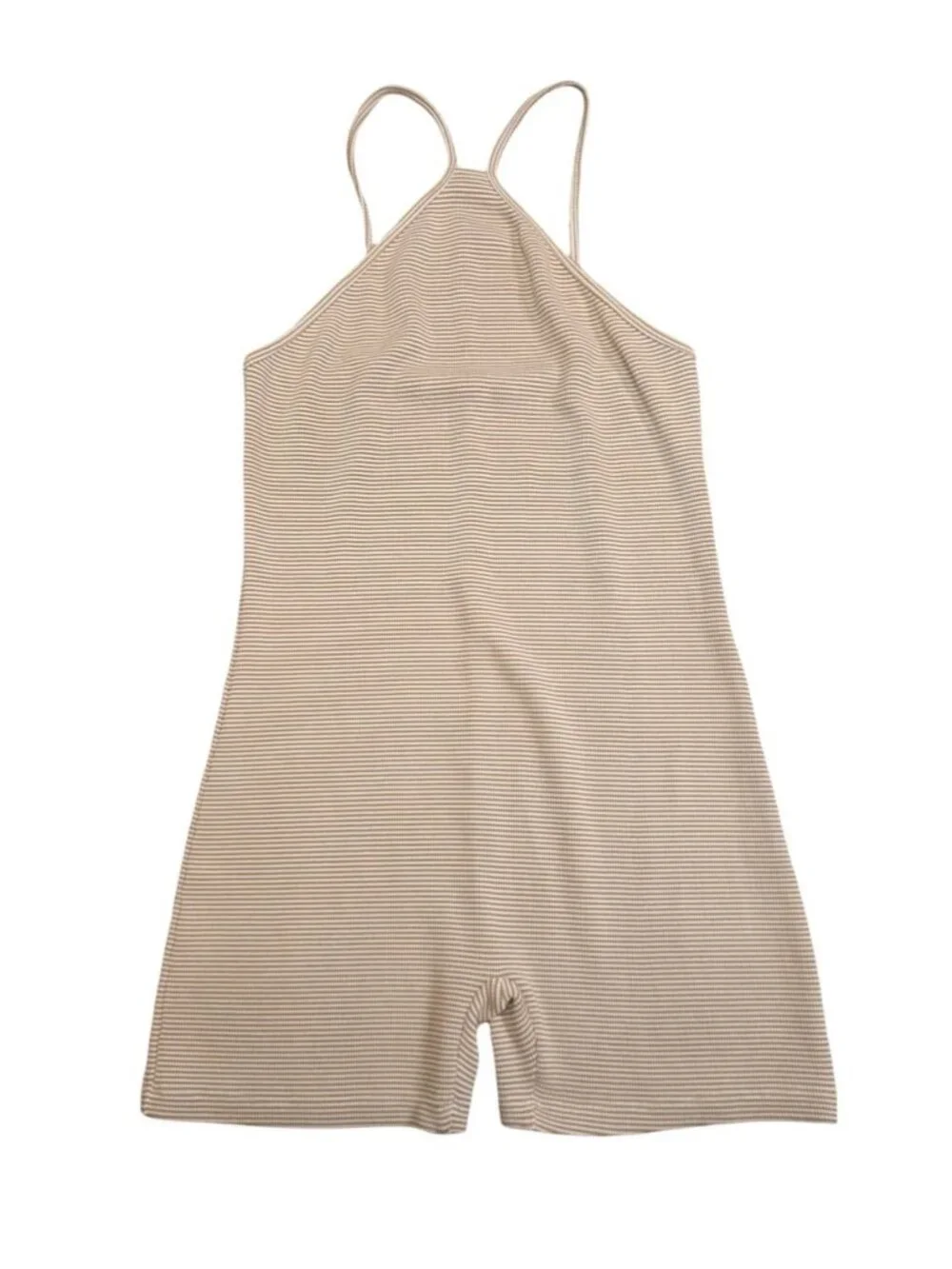 Women's - Zara Beige and White Striped Ribbed Knit Romper, Size Large - Picture 2 of 8